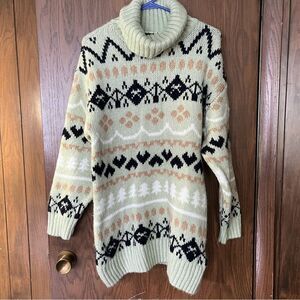 Anthropologie Fair Isle Mint Green Turtleneck Nordic Pattern Tunic Sweater